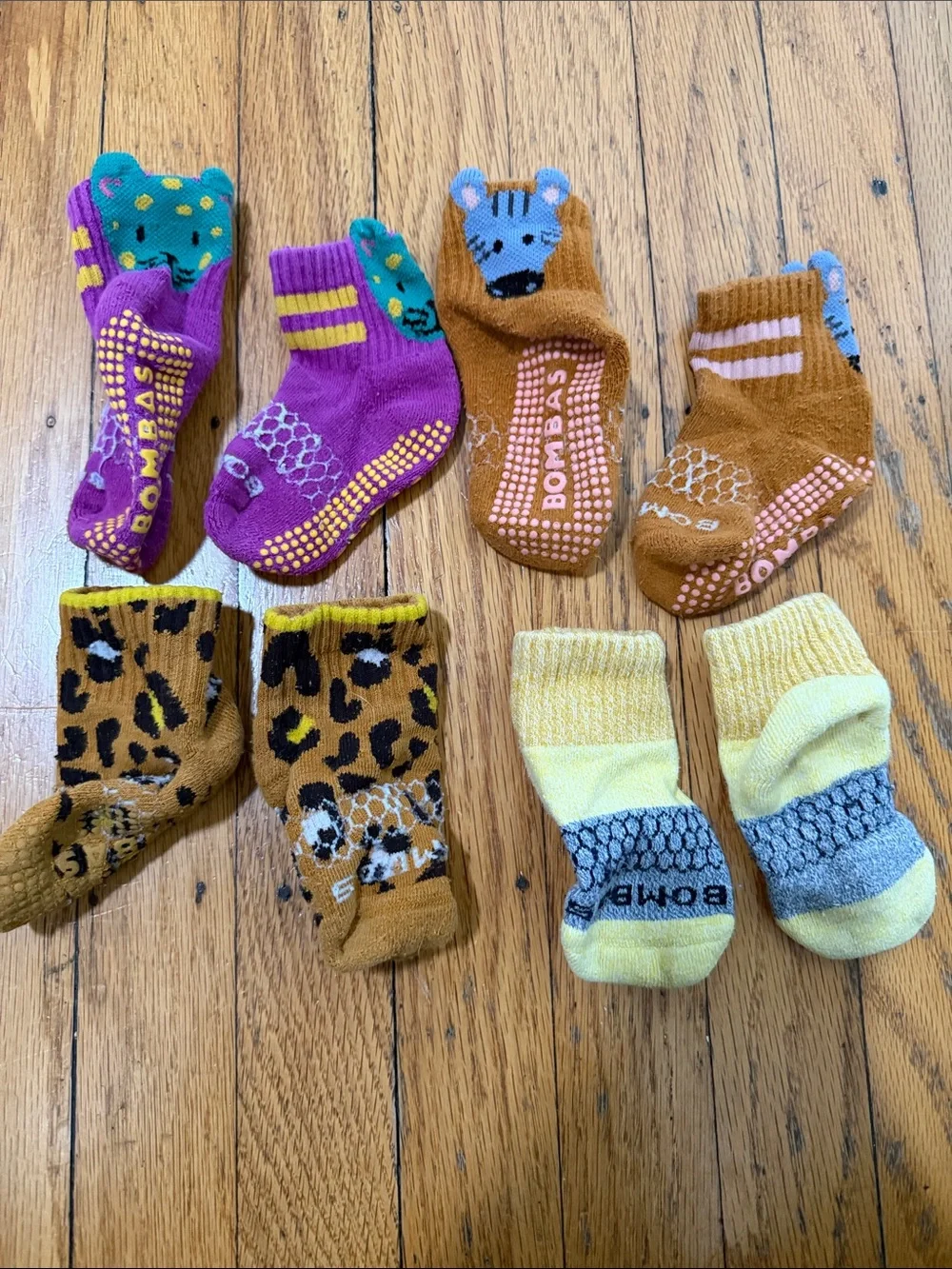 Bombas Toddler Gripper Socks- Animal & Stripe in Purple, Brown, Yellow, Teal